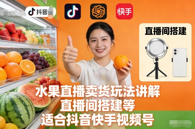 水果直播卖货玩法讲解、直播间搭建等，适合抖音快手视频号-赚百科