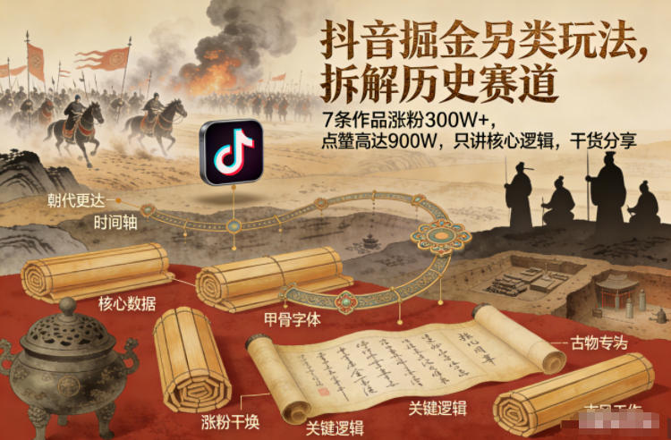 抖音掘金另类玩法，拆解历史赛道，7条作品涨粉300W+，点赞量高达900W，只讲核心逻辑，干货分享-赚百科