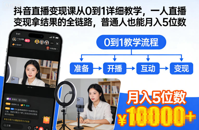 抖音直播变现课从0到1详细教学，一人直播变现拿结果的全链路，普通人也能月入5位数-赚百科