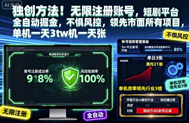 独创方法!无限注册账号,短剧平台全自动掘金,不惧风控,领先市面所有项目,单机一天3张【揭秘】-赚百科