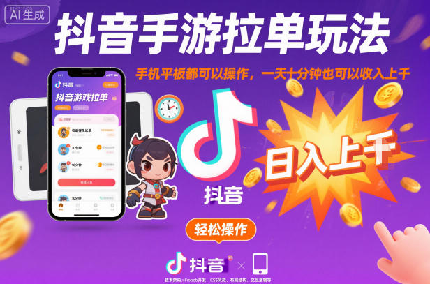 抖音手游拉单玩法，手机平板都可以操作，一天十分钟也可以收入上K【揭秘】-赚百科