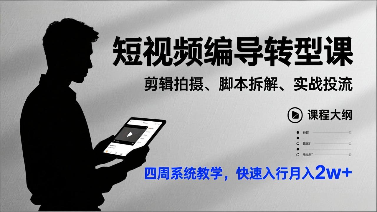 短视频编导转型课，剪辑拍摄、脚本拆解、实战投流，四周系统教学，快速入行月入2w+-赚百科