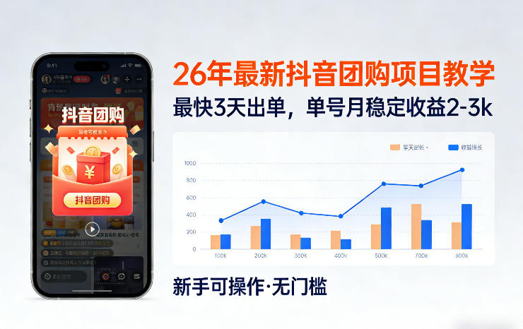 26年最新抖音团购项目教学，0门槛，最快3天出单，单号月稳定收益2-3k-赚百科