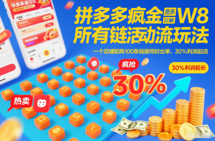 拼多多疯狂活动流玩法，所有链接全部打标，一个店铺矩阵100条链接同时出单，30%利润起店-赚百科