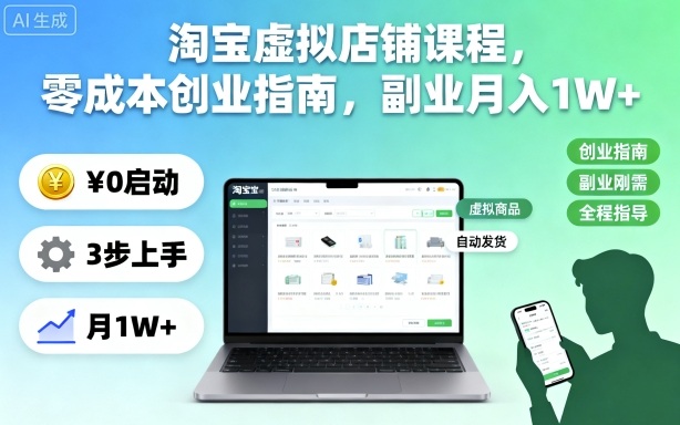 淘宝虚拟店铺课程，零成本创业指南，副业月入1W+-赚百科
