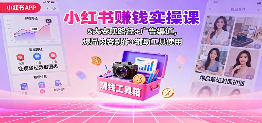 小红书赚钱实操课：5大变现路径+广告渠道，爆品内容制作+辅助工具使用-赚百科