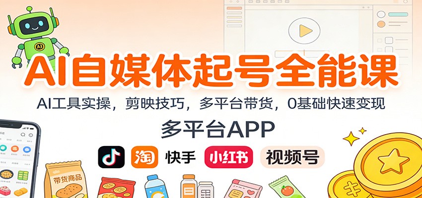AI自媒体起号全能课：AI工具实操，剪映技巧，多平台带货，0基础快速变现-赚百科