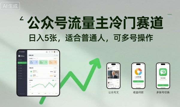 公众号流量主冷门赛道，日入5张，适合普通人，可多号操作-赚百科