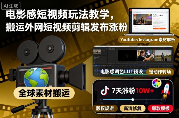 电影感短视频玩法教学,搬运外网短视频剪辑发布涨粉-赚百科