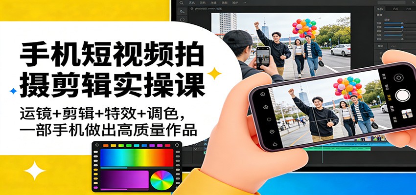 手机短视频拍摄剪辑实操课:运镜+剪辑+特效+调色,一部手机做出高质量作品-赚百科