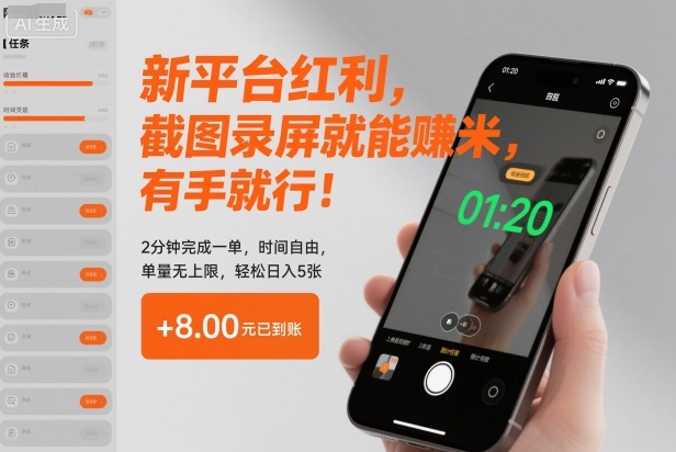 新平台红利，截图录屏就能賺米，有手就行！2分钟完成一单，时间自由，单量无上限，轻松日入5张【揭秘】-赚百科
