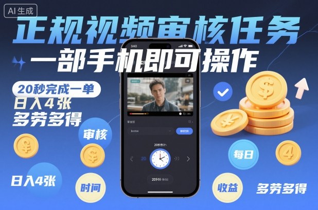 正规视频审核任务，一部手机即可操作，20秒完成一单，日入4张，多劳多得【揭秘】-赚百科