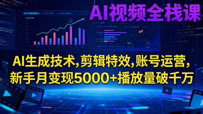 AI视频全栈课:AI生成技术,剪辑特效,账号运营,新手月变现5000+播放量破千万-赚百科