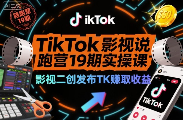 TikTok影视解说陪跑营19期实操课，影视二创发布TK賺取收益，万播收益50美金-赚百科