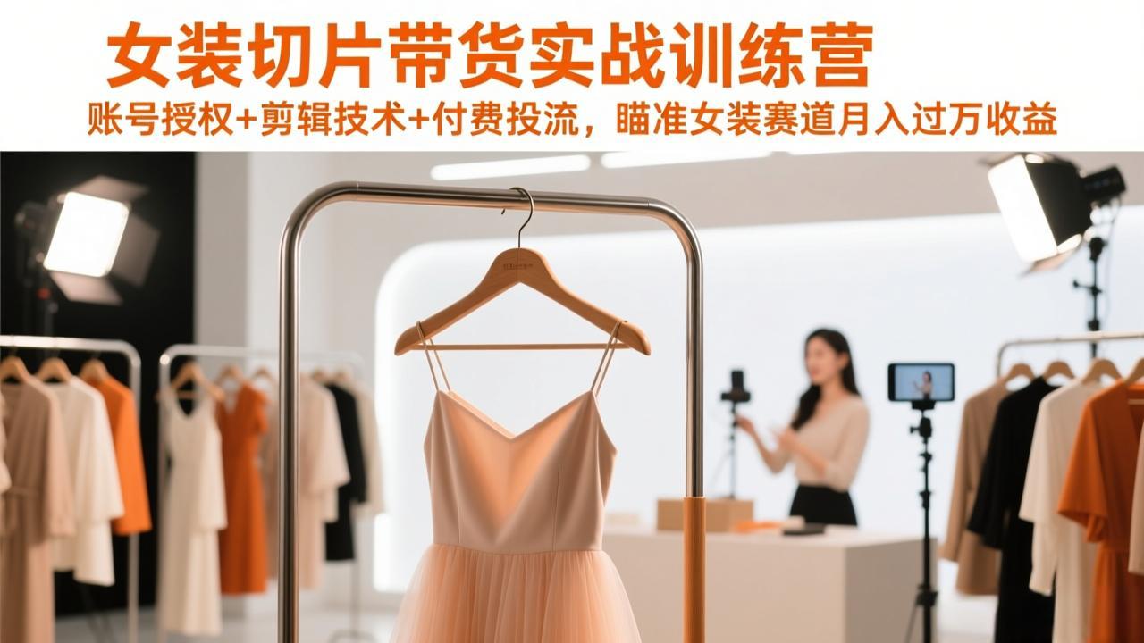 女装切片带货实战训练营，账号授权+剪辑技术+付费投流，瞄准女装赛道月入过万收益-赚百科