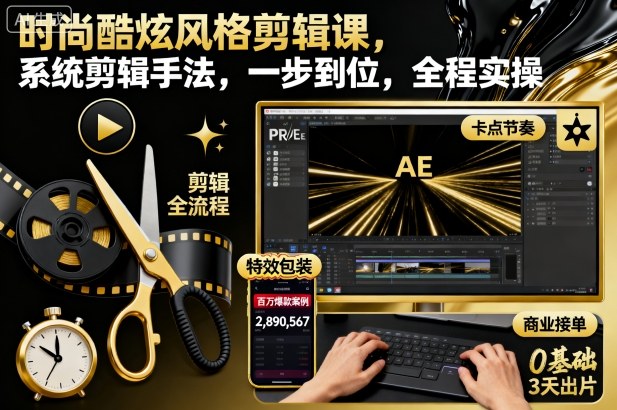 时尚酷炫风格剪辑课，系统剪辑手法，一步到位，全程实操-赚百科