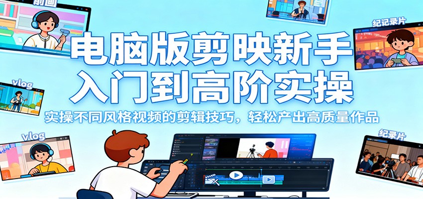 电脑版剪映新手入门到高阶实操,实操不同风格视频的剪辑技巧,轻松产出高质量作品-赚百科