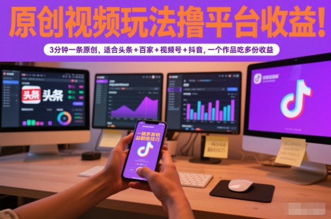 原创视频玩法撸平台收益，3分钟一条原创，适合头条+百家+视频号+抖音，一个作品吃多份收益-赚百科