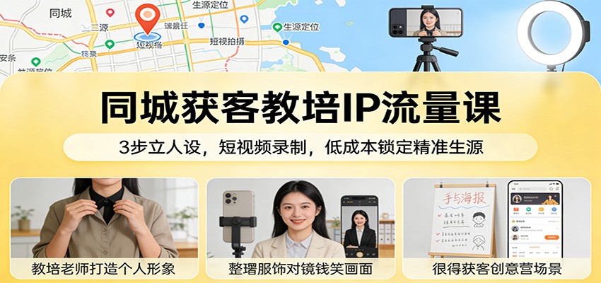 同城获客教培IP流量课：3步立人设，短视频录制，低成本锁定精准生源-赚百科
