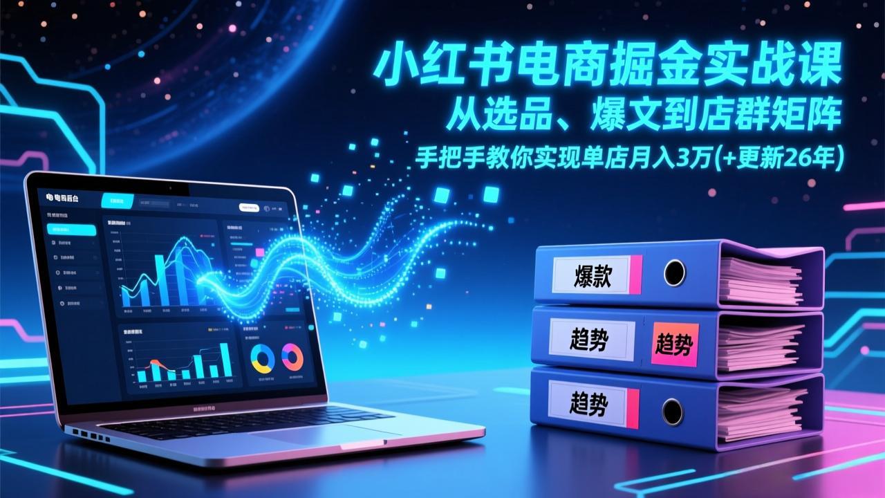 小红书电商掘金实战课，从选品、爆文到店群矩阵，手把手教你实现单店月入3万+(更新26年-赚百科