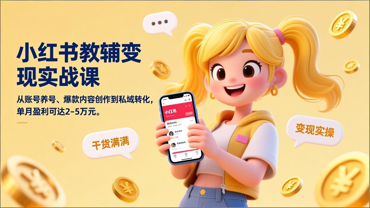 小红书教辅变现实战课，从账号养号、爆款内容创作到私域转化，单月盈利可达2-5万元-赚百科