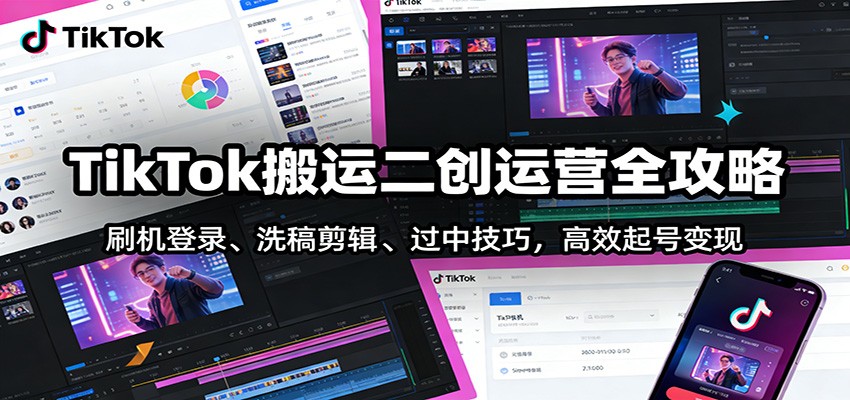 TikTok搬运二创运营全攻略：刷机登录、洗稿剪辑 、过中技巧，高效起号变现-赚百科