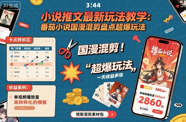 小说推文最新玩法教学，番茄小说国漫混剪盘点超爆玩法，全程干货，一天收益多张-赚百科