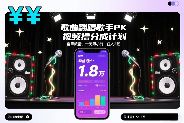 歌曲翻唱歌手PK视频撸分成计划，自带流量，一天两小时，日入2张-赚百科