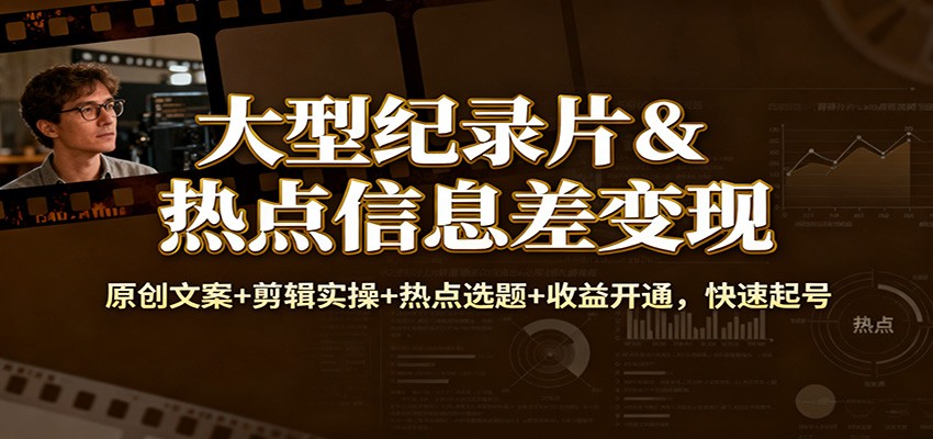 大型纪录片&热点信息差变现:原创文案+剪辑实操+热点选题+收益开通,快速起号-赚百科