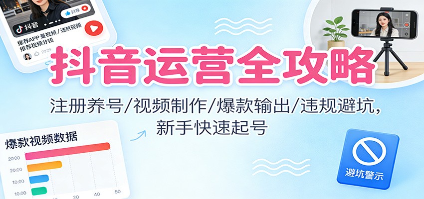 抖音运营全攻略：注册养号/视频制作/爆款输出/违规避坑，新手快速起号-赚百科