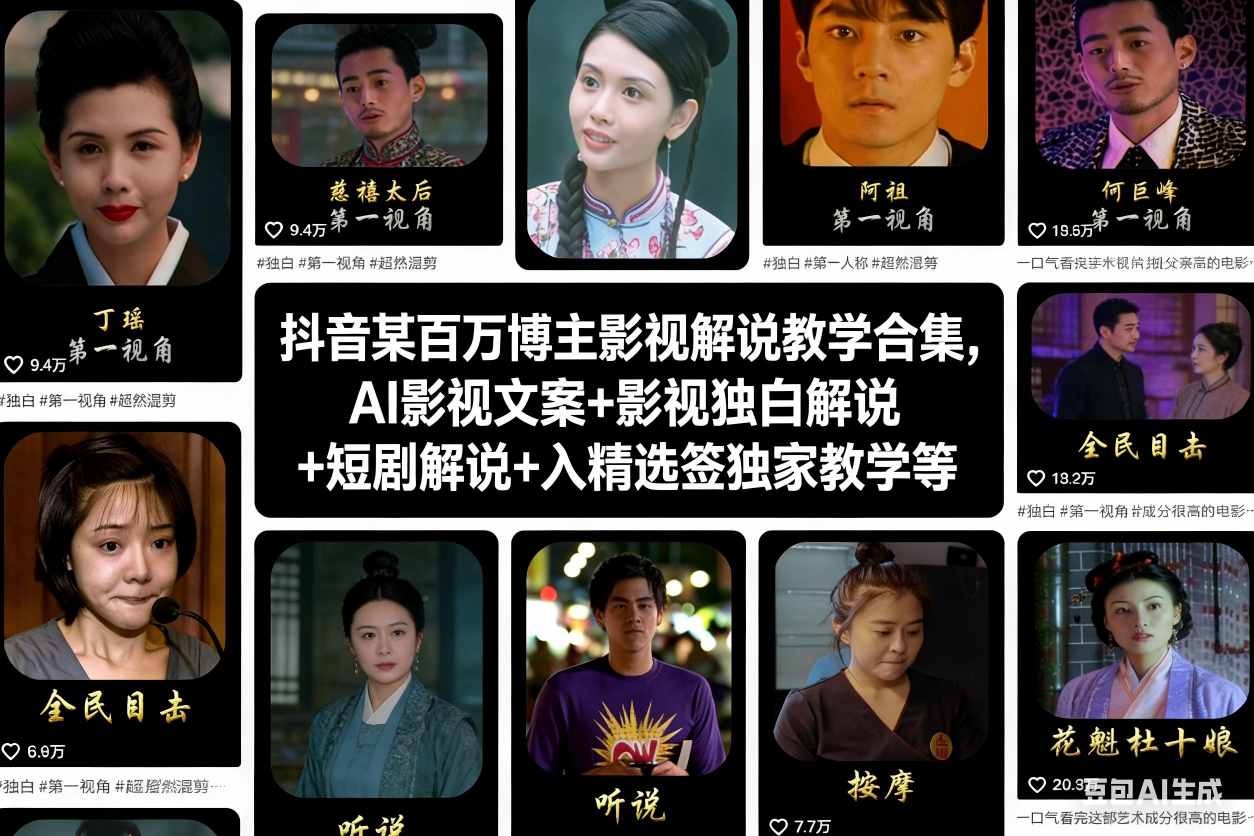 抖音某百万博主影视解说教学合集，AI影视文案+影视独白解说+短剧解说+入精选签独家教学等-赚百科