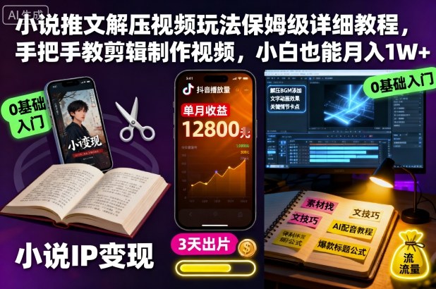 小说推文解压视频玩法保姆级详细教程,手把手教剪辑制作视频,小白也能月入1W+-赚百科