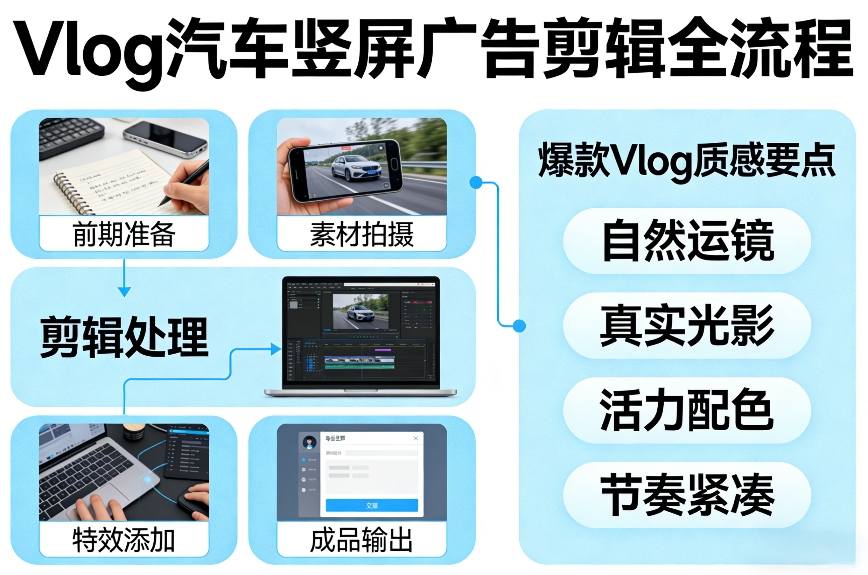 Vlog感觉汽车竖屏广告剪辑脚本全流程，拿捏爆款Vlog质感-赚百科