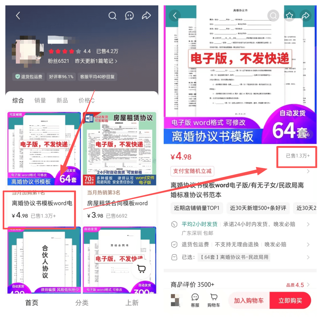 小红书卖离婚协议模板，操作简单，单价4.98，卖了1.3万单，赚了6万+-赚百科