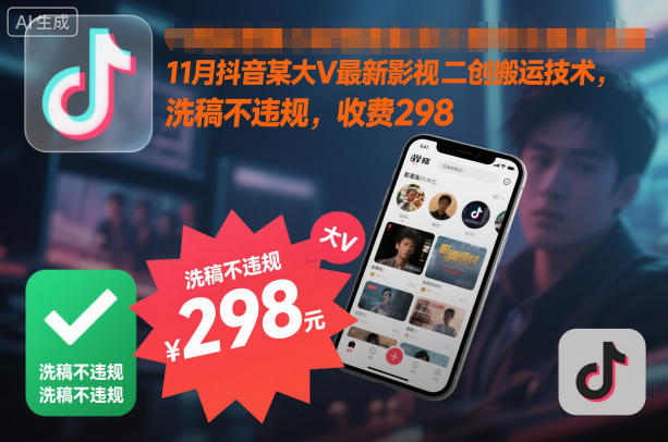 11月抖音某大V最新影视二创搬运技术，洗稿不违规，收费298-赚百科
