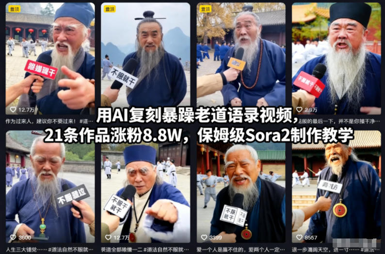 用AI复刻暴躁老道语录视频，21条作品涨粉8.8W，保姆级Sora2制作教学-赚百科