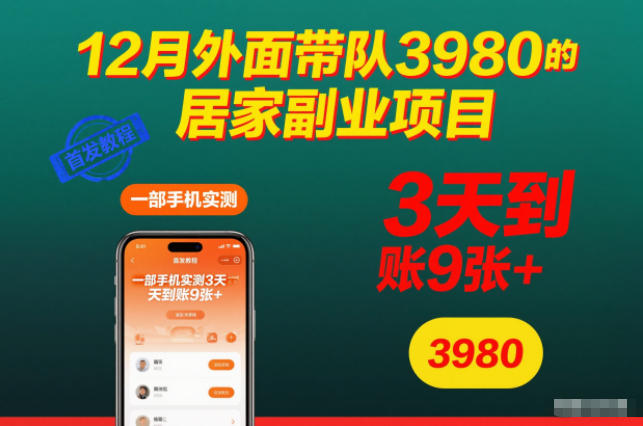 12月外面带队3980的居家副业项目,一部手机实测3天到账9张+,首发教程【揭秘】-赚百科