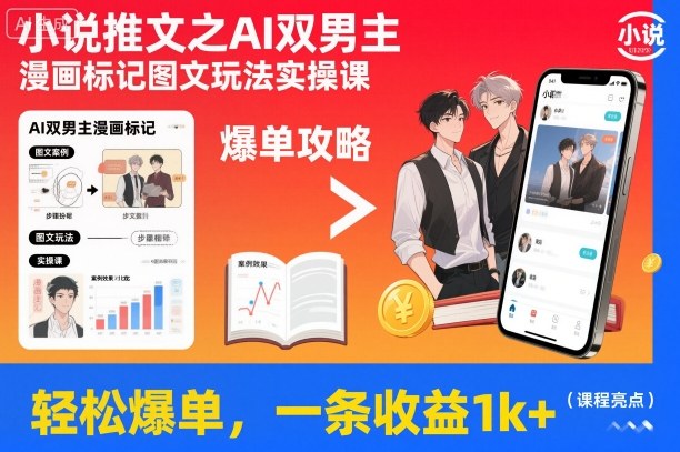 小说推文之AI双男主漫画标记图文玩法实操课，轻松爆单，一条收益1k+-赚百科