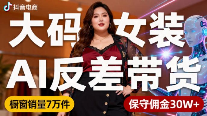 抖音小众赛道，大码女装AI反差带货，不用直播，每天6条作品，橱窗卖7万件，保守佣金30W+-赚百科