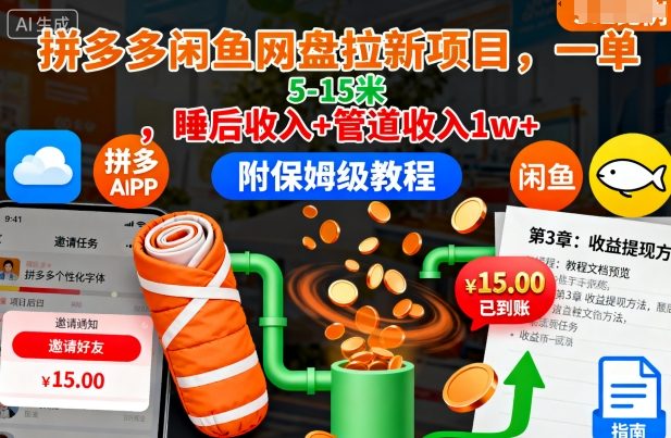 拼多多闲鱼网盘拉新项目，一单5-15米，睡后收入+管道收入1w+(附保姆级教程)-赚百科