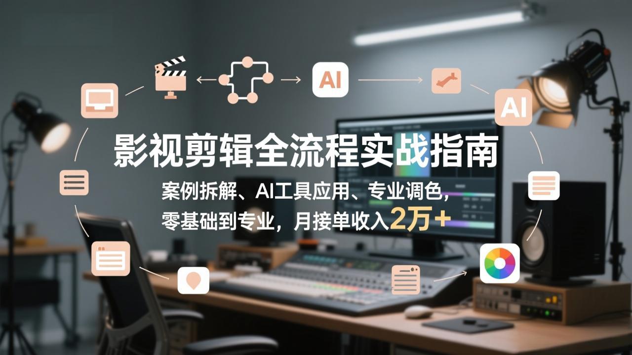 影视剪辑全流程实战指南，案例拆解、AI工具应用、专业调色，零基础到专业，月接单收入2万+-赚百科