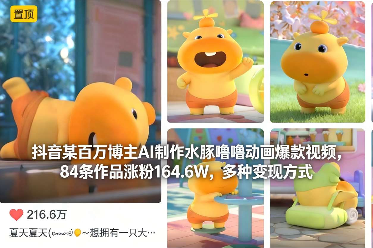 抖音某百万博主AI制作水豚噜噜动画爆款视频，84条作品涨粉164.6W，多种变现方式-赚百科