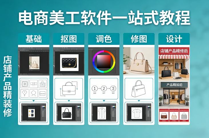 电商美工软件一站式教程，基础/抠图/调色/修图/设计，店铺产品精装修-赚百科