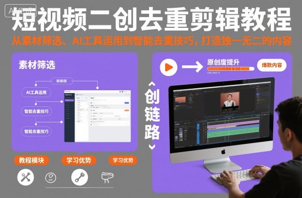 短视频二创去重剪辑教程，从素材筛选、AI工具运用到智能去重技巧，打造独一无二的内容-赚百科