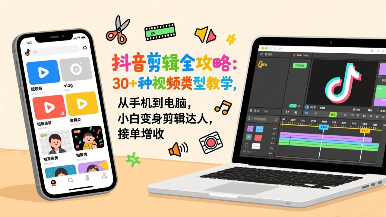 抖音剪辑全攻略：30+种视频类型教学，从手机到电脑，小白变身剪辑达人，接单增收-赚百科