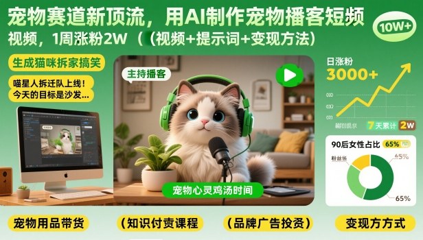 宠物赛道新顶流，用AI制作宠物播客短视频，1周涨粉2W(视频+提示词+变现方法)-赚百科