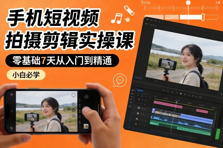 手机短视频拍摄剪辑实操课，零基础7天从入门到精通，小白必学-赚百科