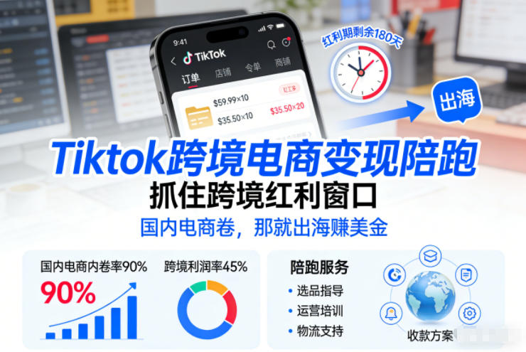 Tiktok跨境电商变现陪跑，抓住跨境红利窗口，国内电商卷，那就出海賺美金-赚百科