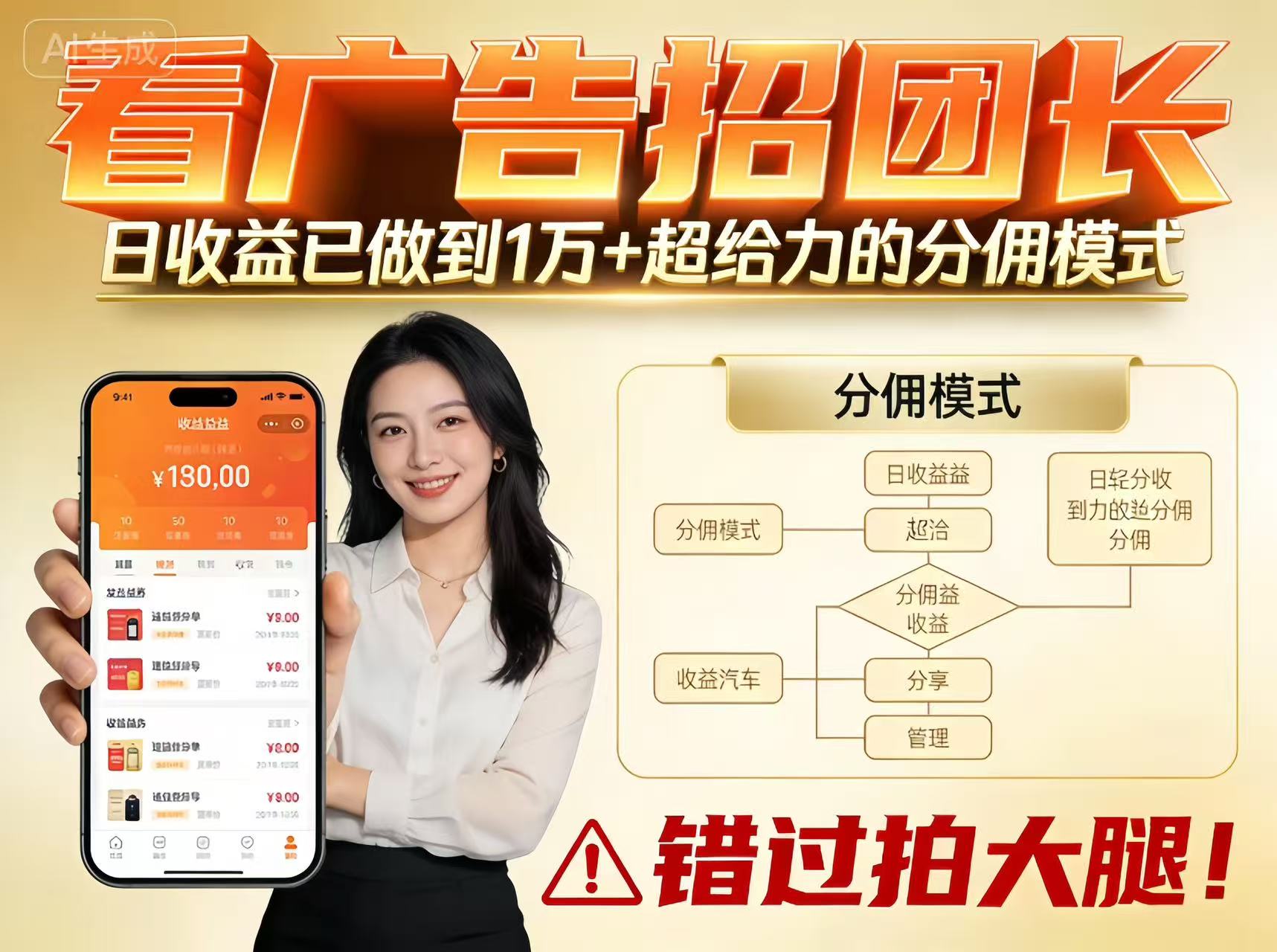 看广告招团长，团队收益已做到日入1万，分佣模式超给力，错过拍大腿-赚百科