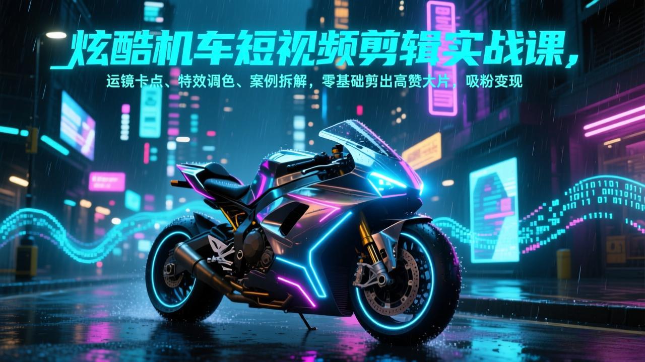 炫酷机车短视频剪辑实战课，运镜卡点、特效调色、案例拆解，零基础剪出高赞大片，吸粉变现-赚百科